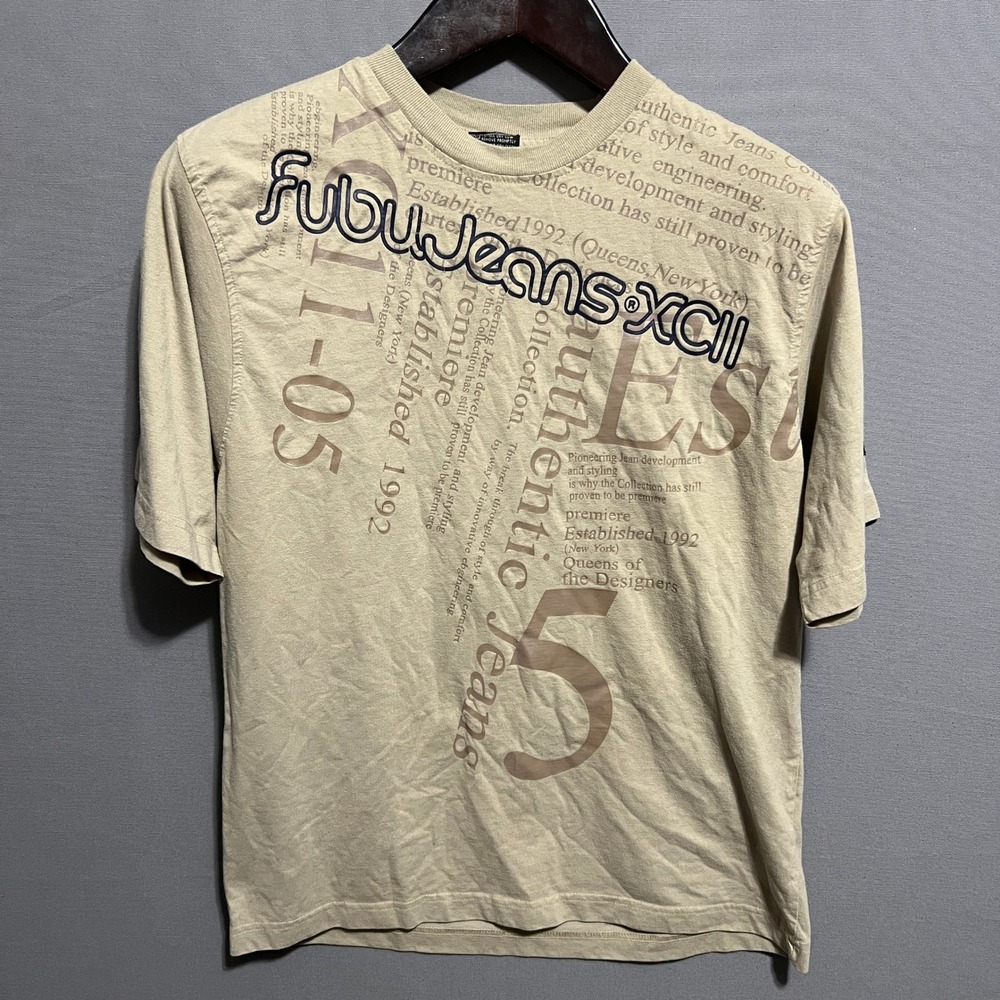 FUBU The Collection Mens Tan Graphic T-Shirt Embroidered Logo Size S